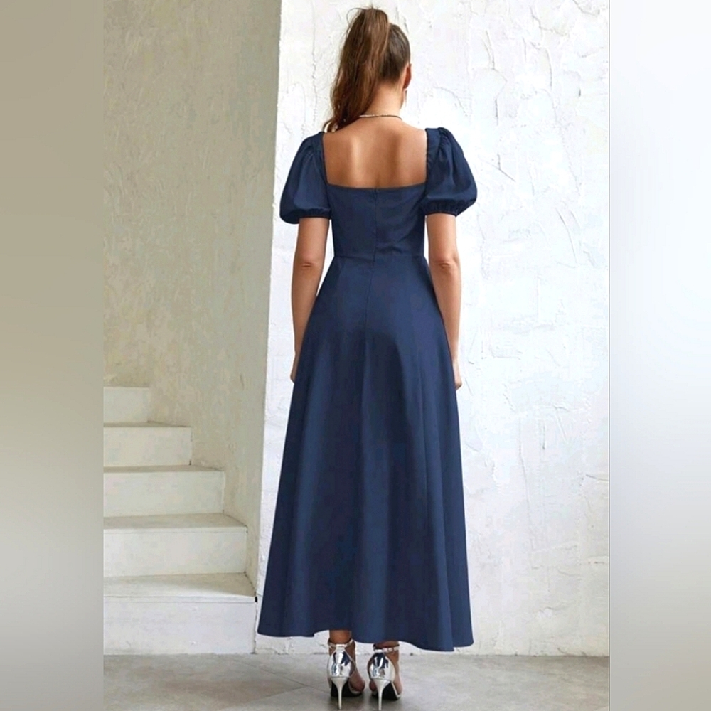 New Vintage Look Tie Ruched Top Split Maxi Dress Navy Blue - Picture 6 of 12